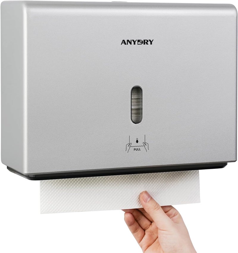 anydry Wall-Mounted Paper Towel Dispenser – Fits Tri-Fold Towels up to 10x3.1 Inches, Holds 200 Sheets, Ideal for Home & Commercial Use (Silver) - Image 1